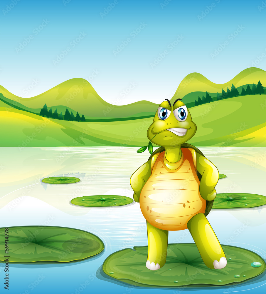 A turtle at the pond standing above a waterlily A turtle at the pond standing above a waterlily