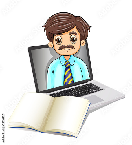 A computer with a man and an empty notebook