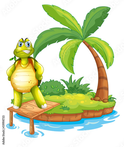 An island with a turtle standing above the wooden bridge