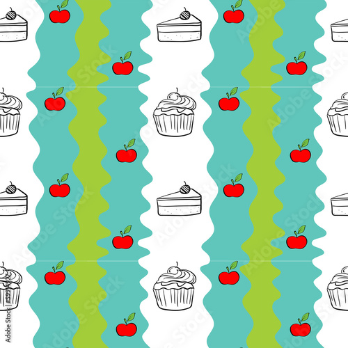 Seamless design with cakes and apples
