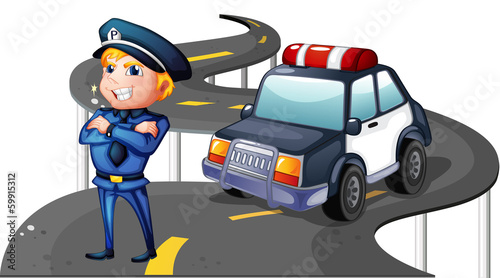 A police and his patrol car in the middle of the road