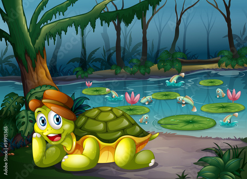 A turtle in the middle of the forest near the river
