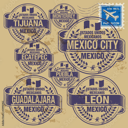 Grunge rubber stamp set with names of Mexico cities