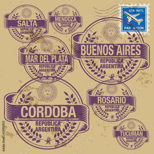 Grunge rubber stamp set with names of Argentina cities