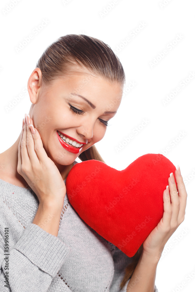 beautiful woman with bright makeup and red heart in hand beautiful woman with bright makeup and red heart in hand