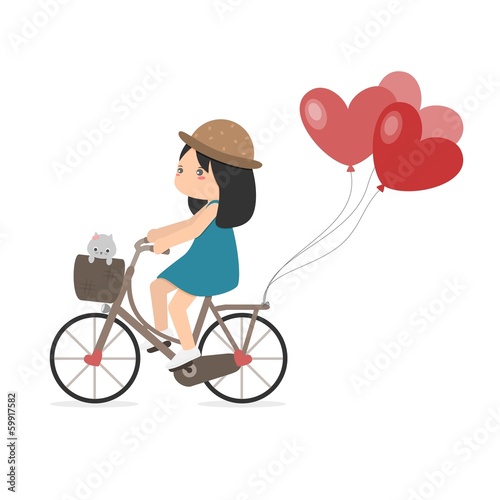 Girl Riding Bicycle With Heart Balloons