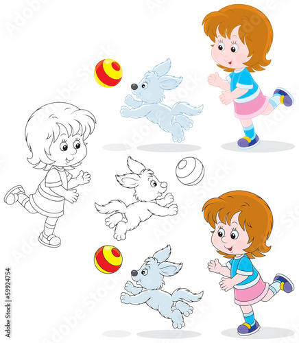 Little girl playing a ball with her pup