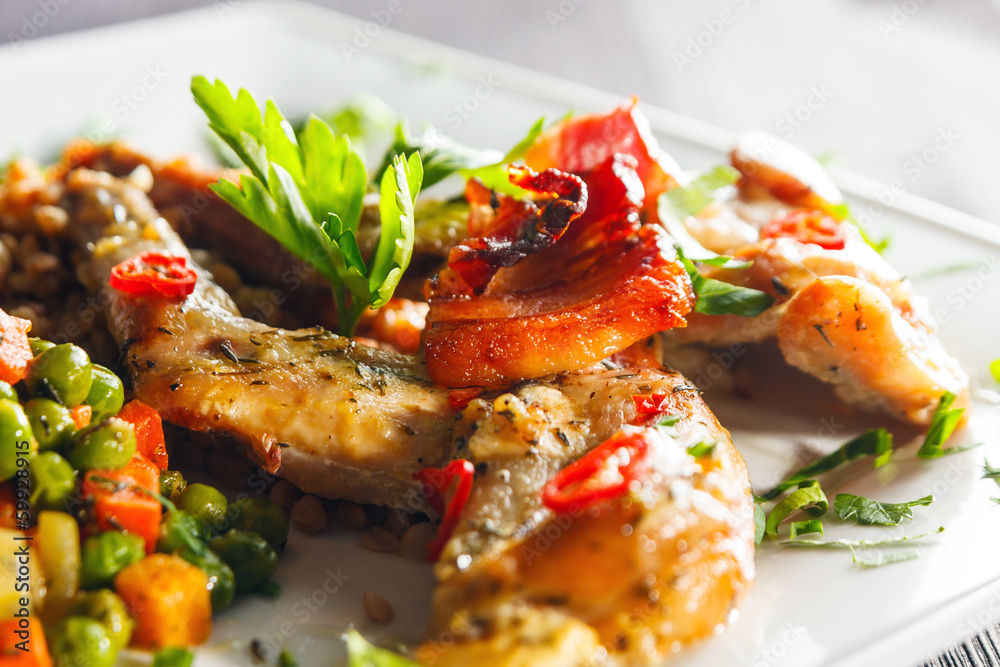 Oven baked rabbit legs with green peas and carrot Oven baked rabbit legs with green peas and carrot