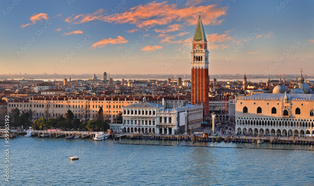 Panorama of Venice and piazza San Marco at sunset. Aerial view