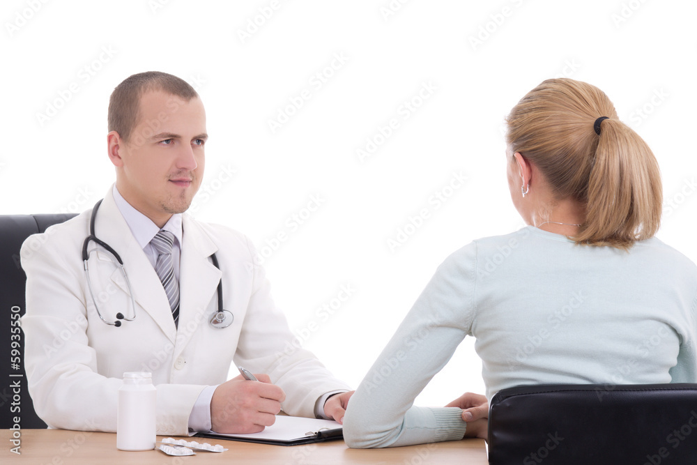 male doctor and woman talking in office isolated on white male doctor and woman talking in office isolated on white