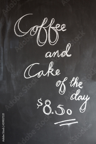 Coffee and cake sign in cafe