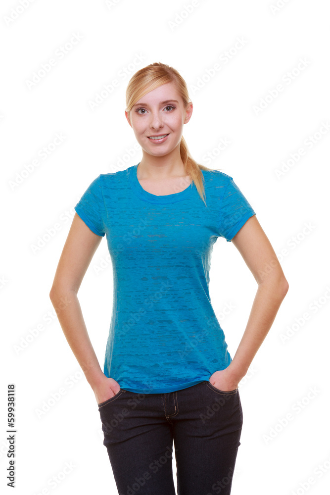 Portrait casual blond smiling girl female student isolated. Portrait casual blond smiling girl female student isolated.