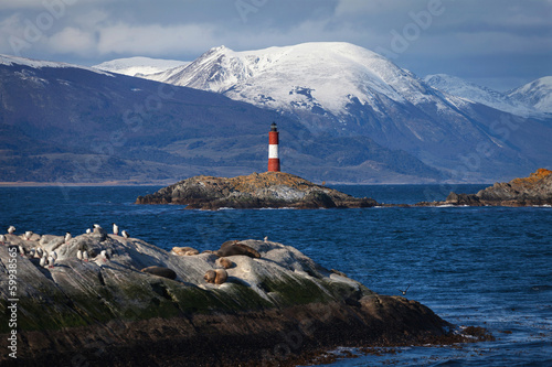 Lighthouse End of the world in the Beagle Channel, Ushuaia, Pata