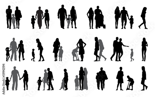 Parents and children with pram Silhouette Vector Illustration