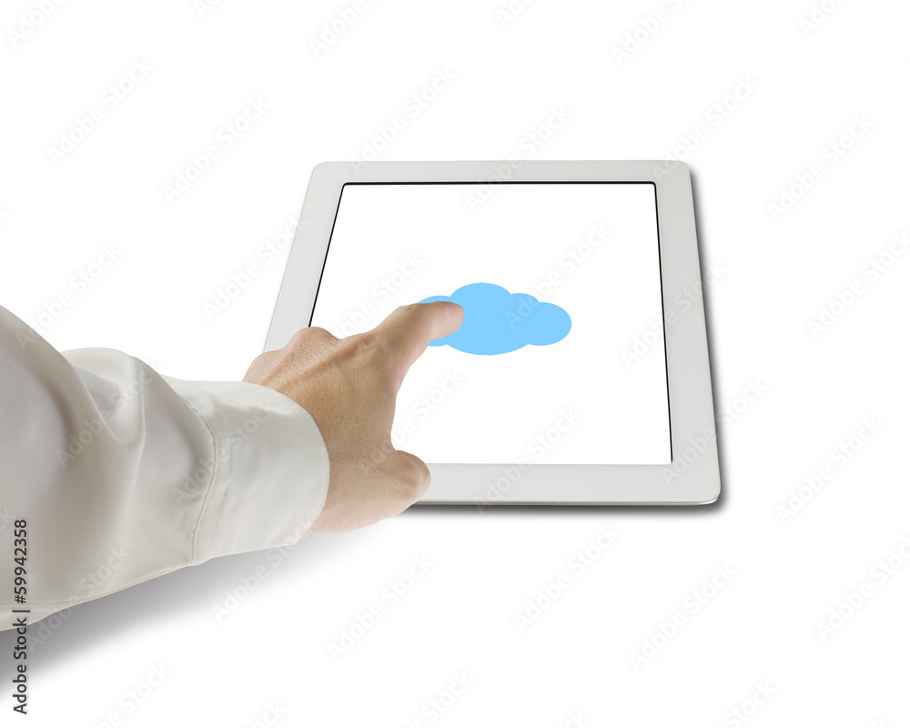 Hand touching cloud shape icon on tablet in white background Hand touching cloud shape icon on tablet in white background