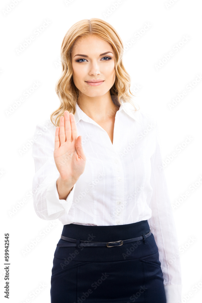 Businesswoman with stop gesture, on white Businesswoman with stop gesture, on white