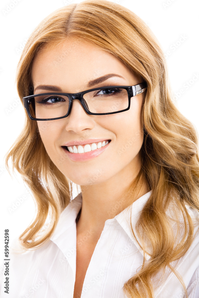 Young cheerful business woman, on white