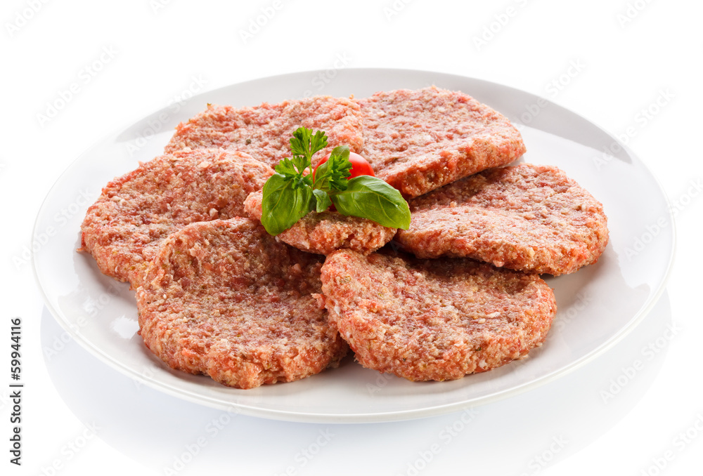 Raw minced pork chops meat on white background