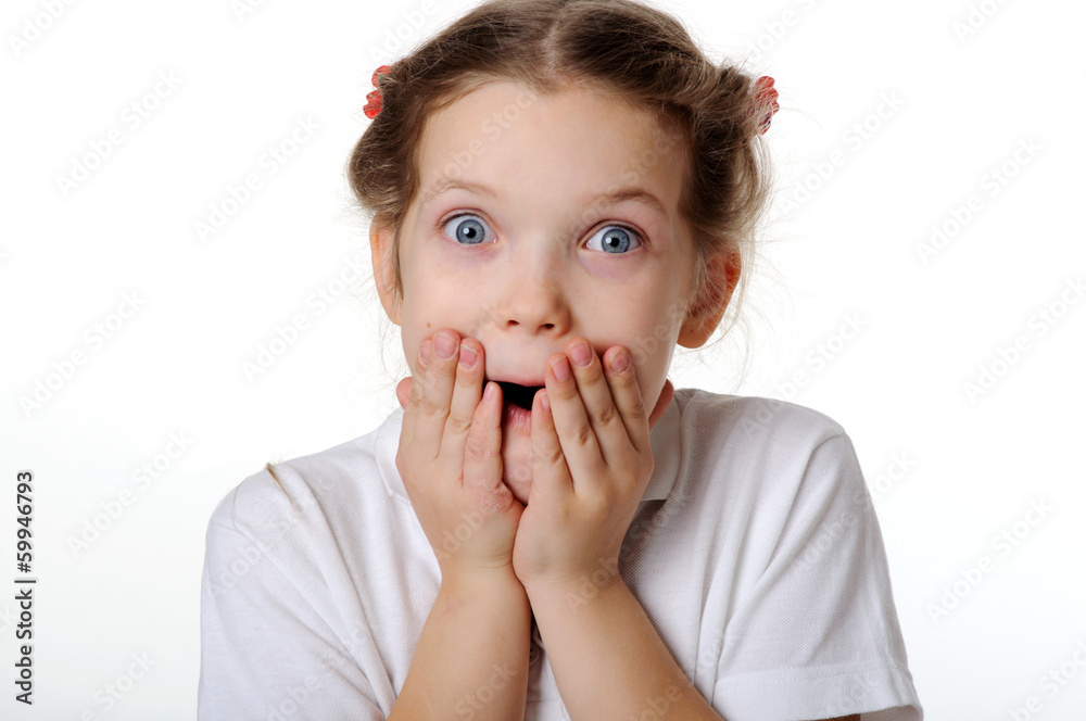 Funny little girl with hands close to face isolated on white Funny little girl with hands close to face isolated on white