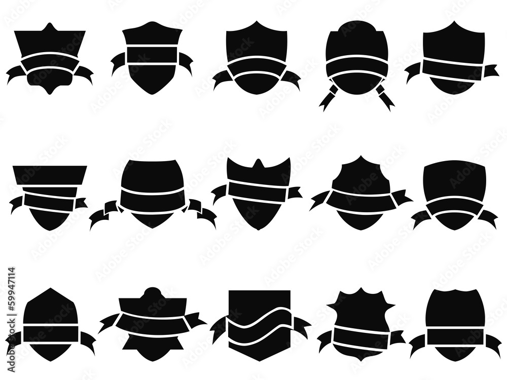 black shield and ribbon icons set