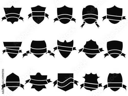 black shield and ribbon icons set