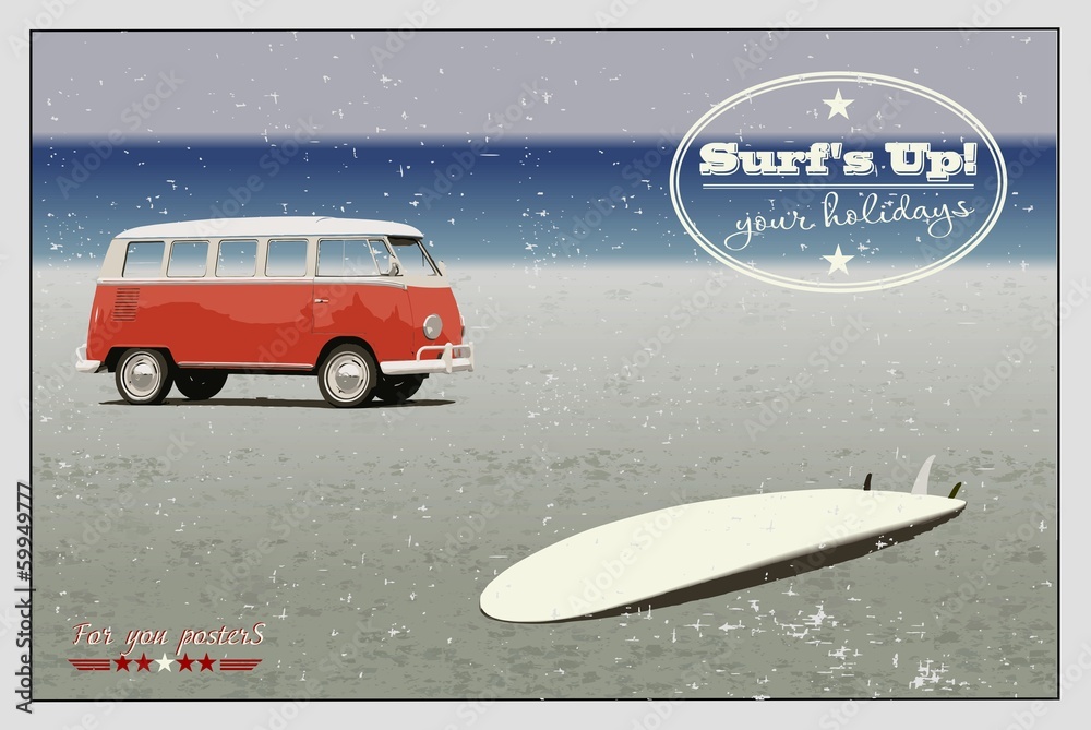 Naklejka premium Retro minibus and surf on the beach