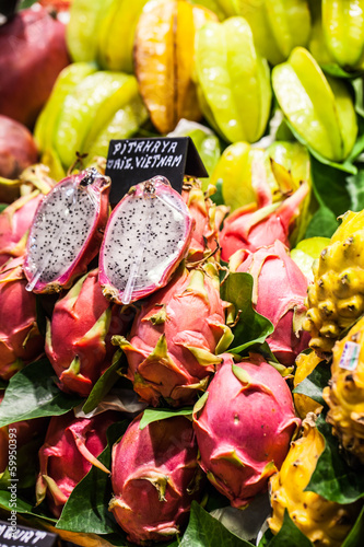 Lot of dragon fruits in the tropical market