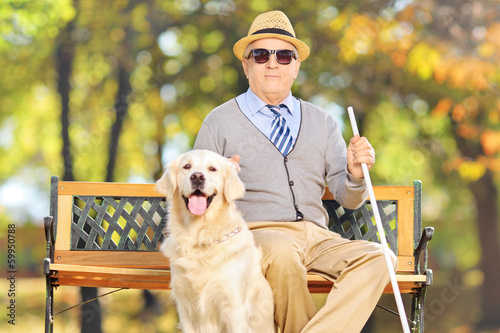 Photographie Monsieur aveugle senior assis sur un banc avec son chien