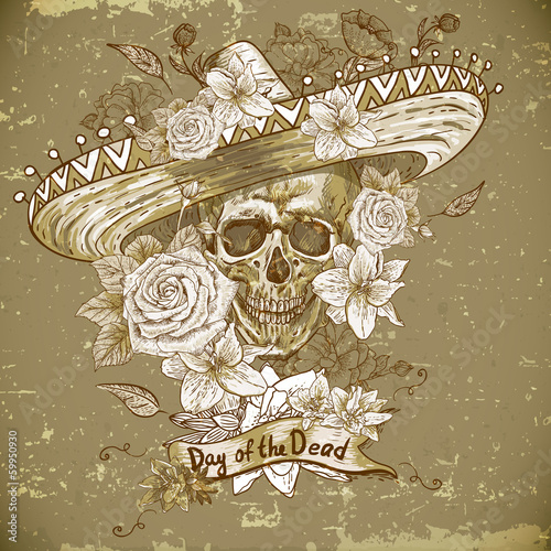 Skull in sombrero with flowers Day of The Dead