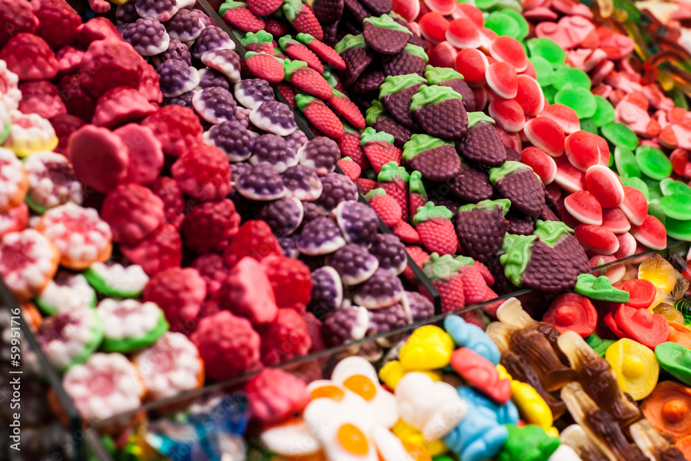 Market stall full of candys in La Boqueria Market.Barcelona Market stall full of candys in La Boqueria Market.Barcelona