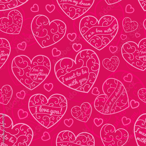 Seamless pattern of hearts  pink on red
