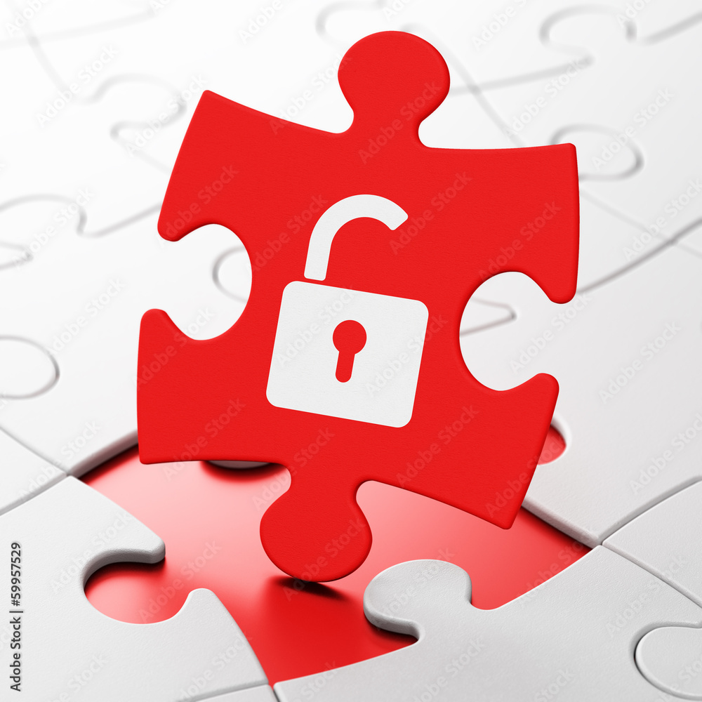 Information concept: Opened Padlock on puzzle background Information concept: Opened Padlock on puzzle background