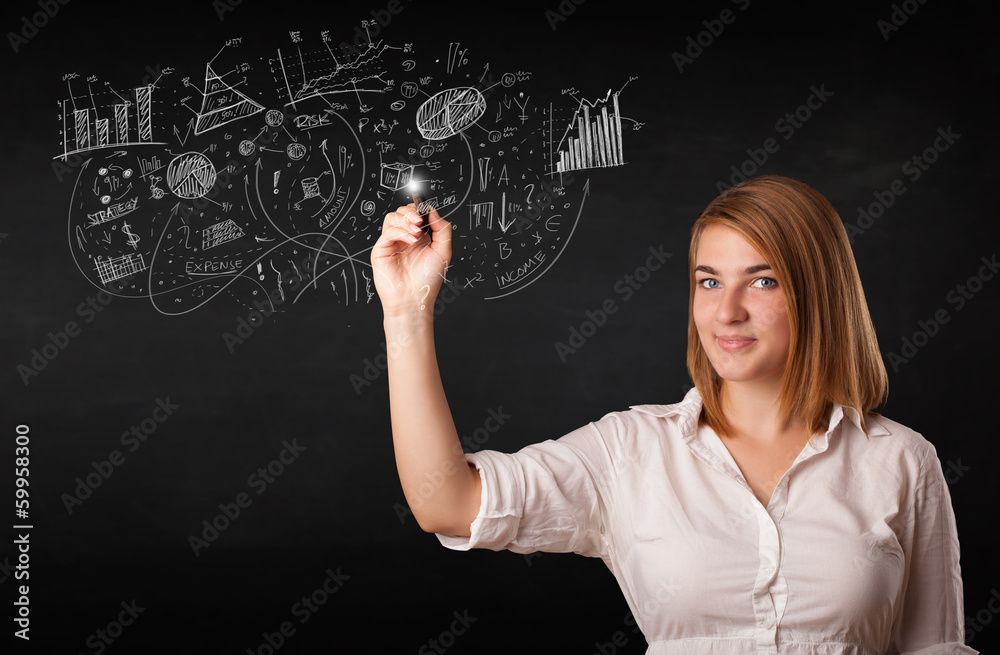 Pretty girl sketching graphs and diagrams on wall Pretty girl sketching graphs and diagrams on wall