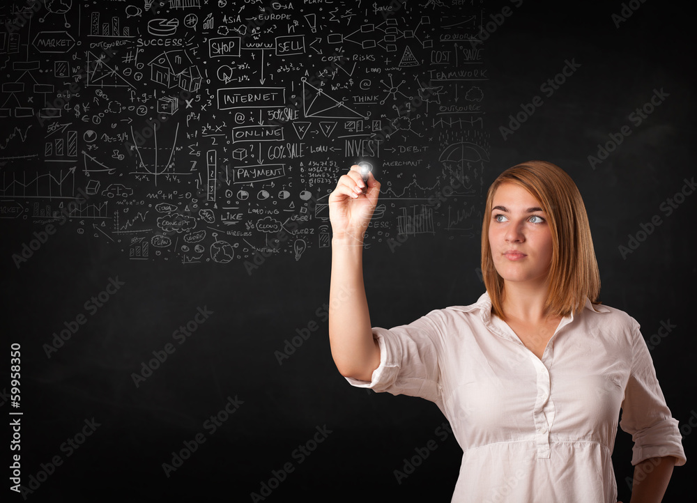 Young woman sketching and calculating thoughts Young woman sketching and calculating thoughts