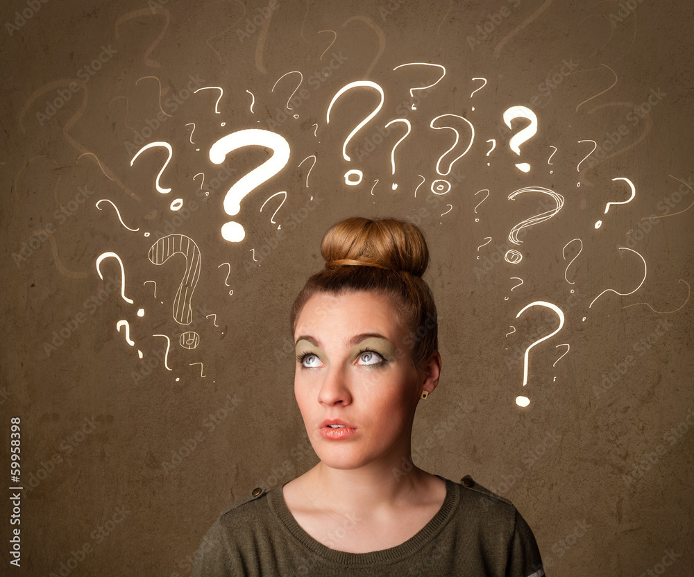 girl with question mark symbols around her head girl with question mark symbols around her head