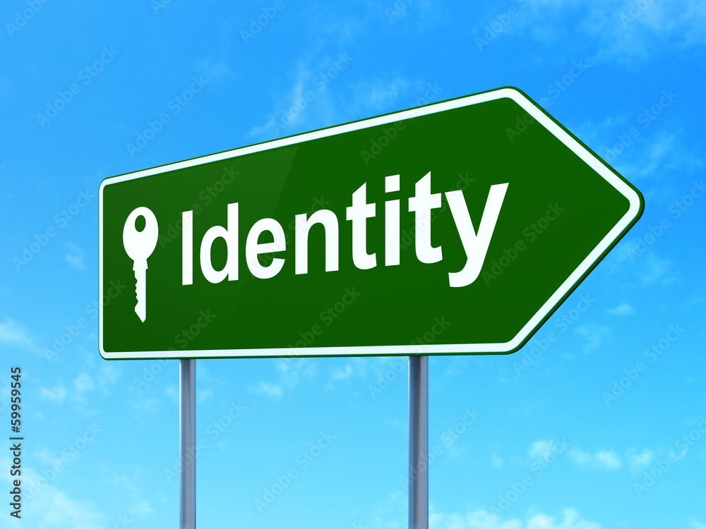 Protection concept: Identity and Key on road sign background Protection concept: Identity and Key on road sign background