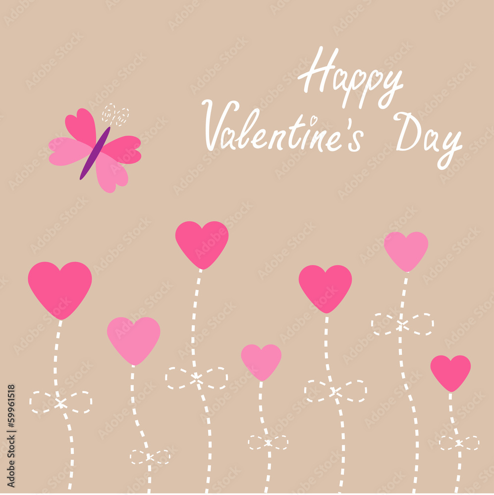 Vector love card. Heart flowers. Butterfly. Happy Valentines Day