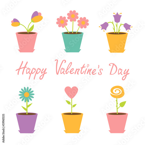 Fototapeta Naklejka Na Ścianę i Meble -  Set of flowers in pots. Happy Valentines Day card.