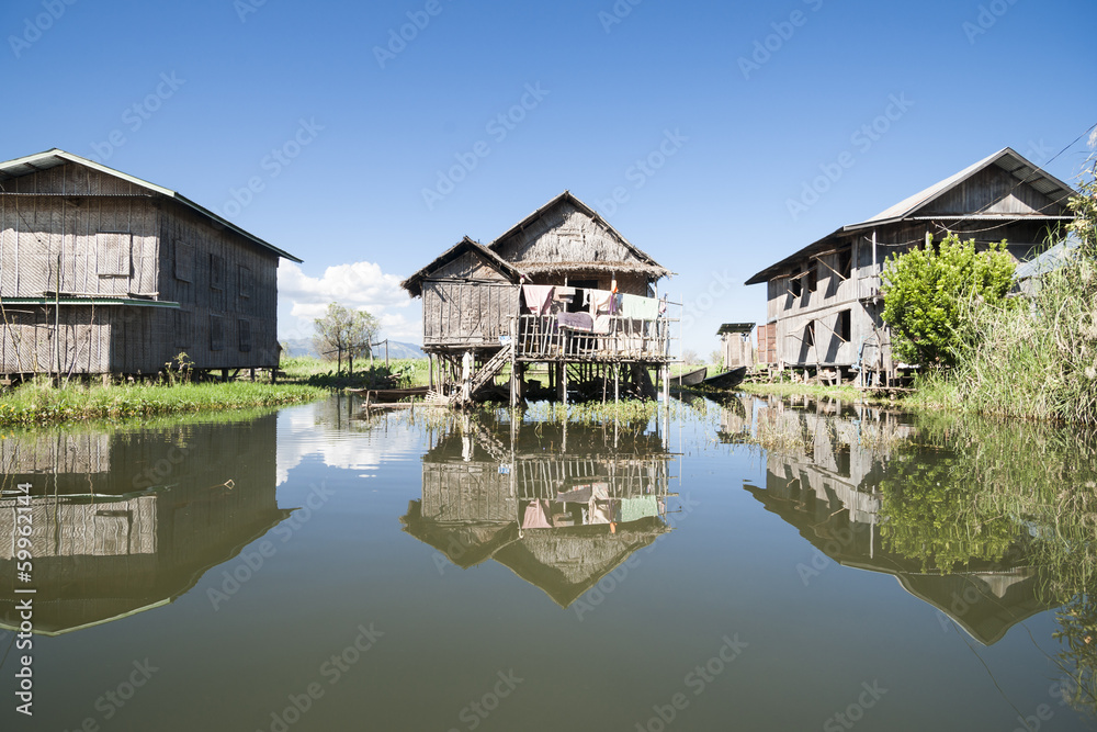 Inle Lake fishermans village homes.