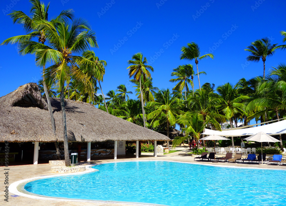 Piscine,transats et paillote dans les Caraïbes Piscine,transats et paillote dans les Caraïbes