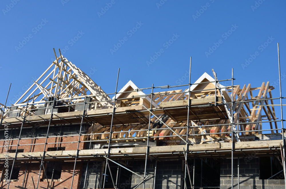 Roof under construction under blue sky