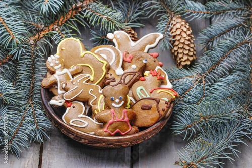 Bowl of gingerbread cookies in animal shapes