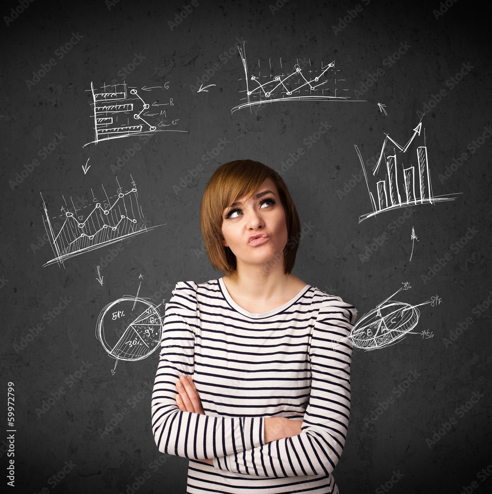 Young woman thinking with charts circulation around her head