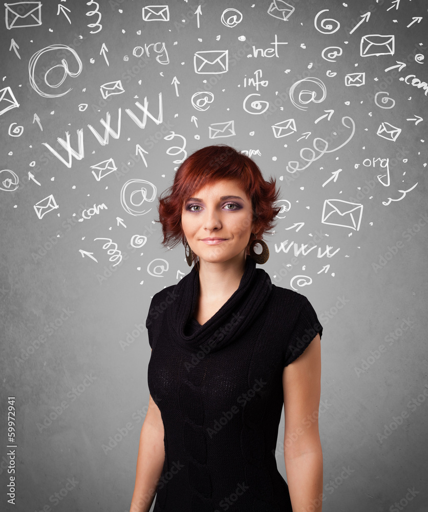 Pretty young girl with abstract white media icon doodles Pretty young girl with abstract white media icon doodles