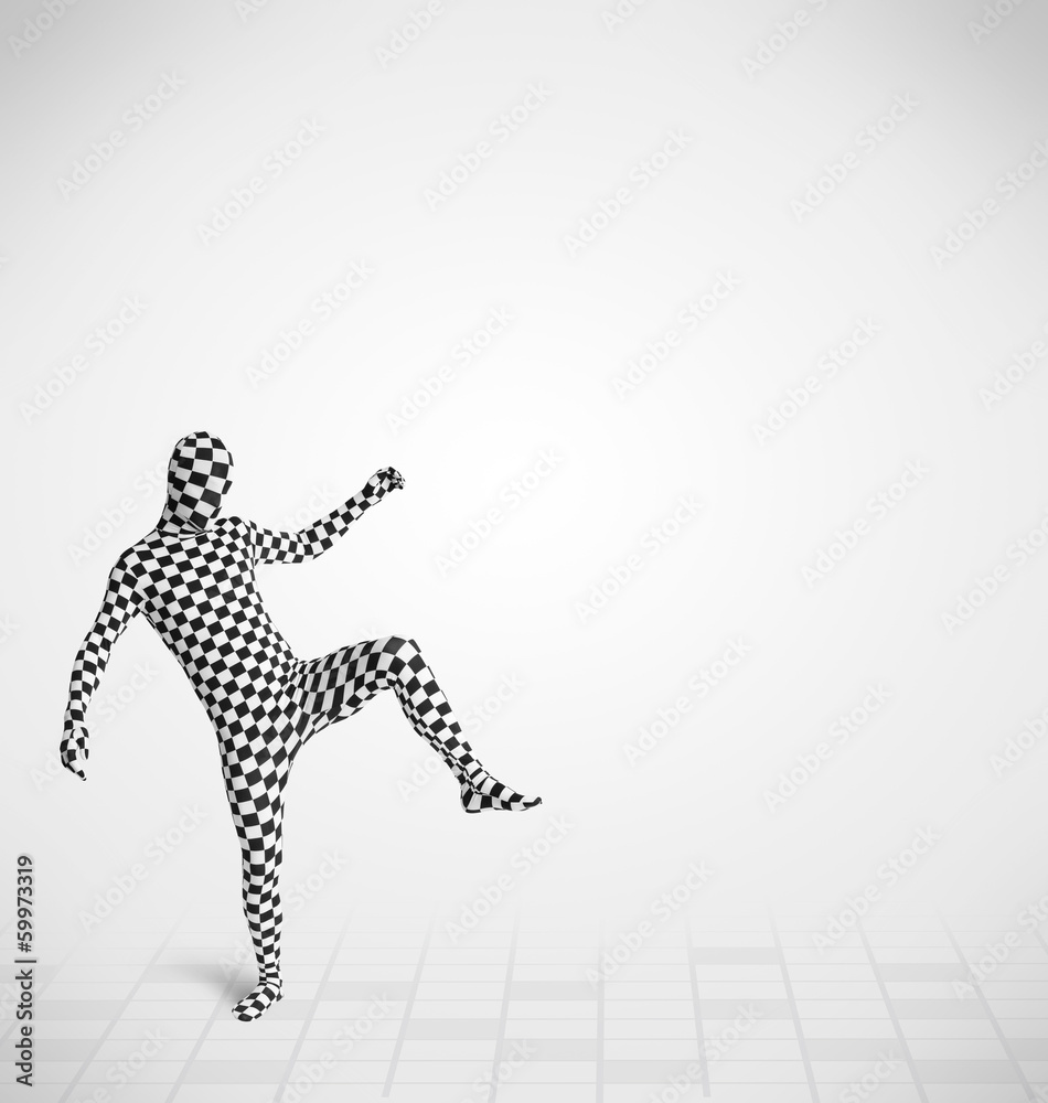 Fototapeta premium Funny guy in morphsuit body suit looking at copy space