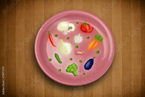 Colorful plate with hand drawn icons, symbols, vegetables and fr