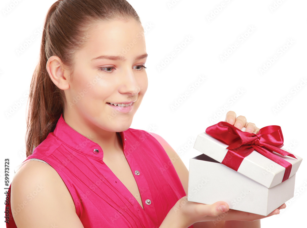 Woman holding gift box isolated on white background. Woman holding gift box isolated on white background.