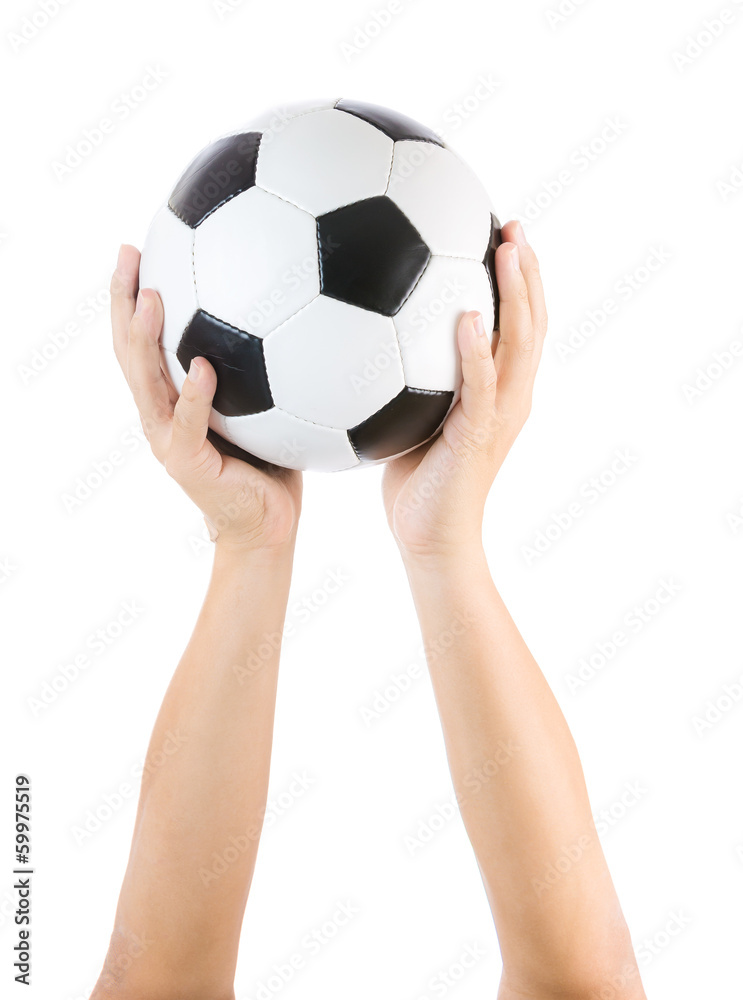 Hands holding soccer ball isolated on white Hands holding soccer ball isolated on white