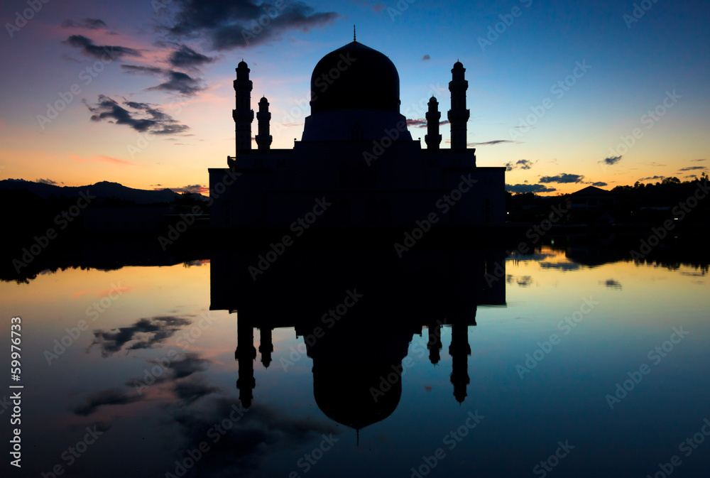 Silhouette and reflection of a mosque at Sabah, Borneo, Malaysia