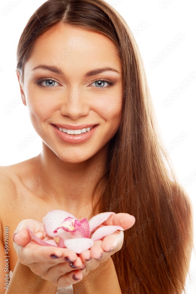Young beautiful brunette woman with lily flowers Young beautiful brunette woman with lily flowers